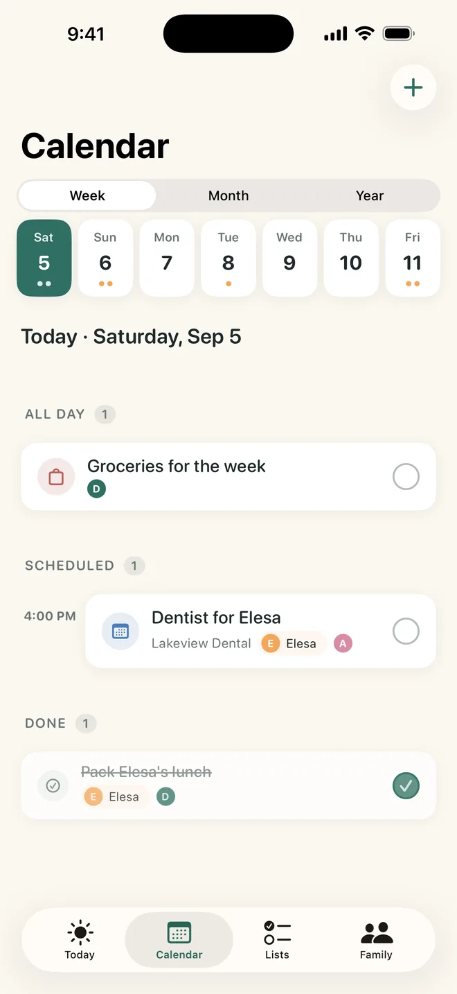 Lighten Calendar tab showing a family week with color-coded events, tasks and reminders