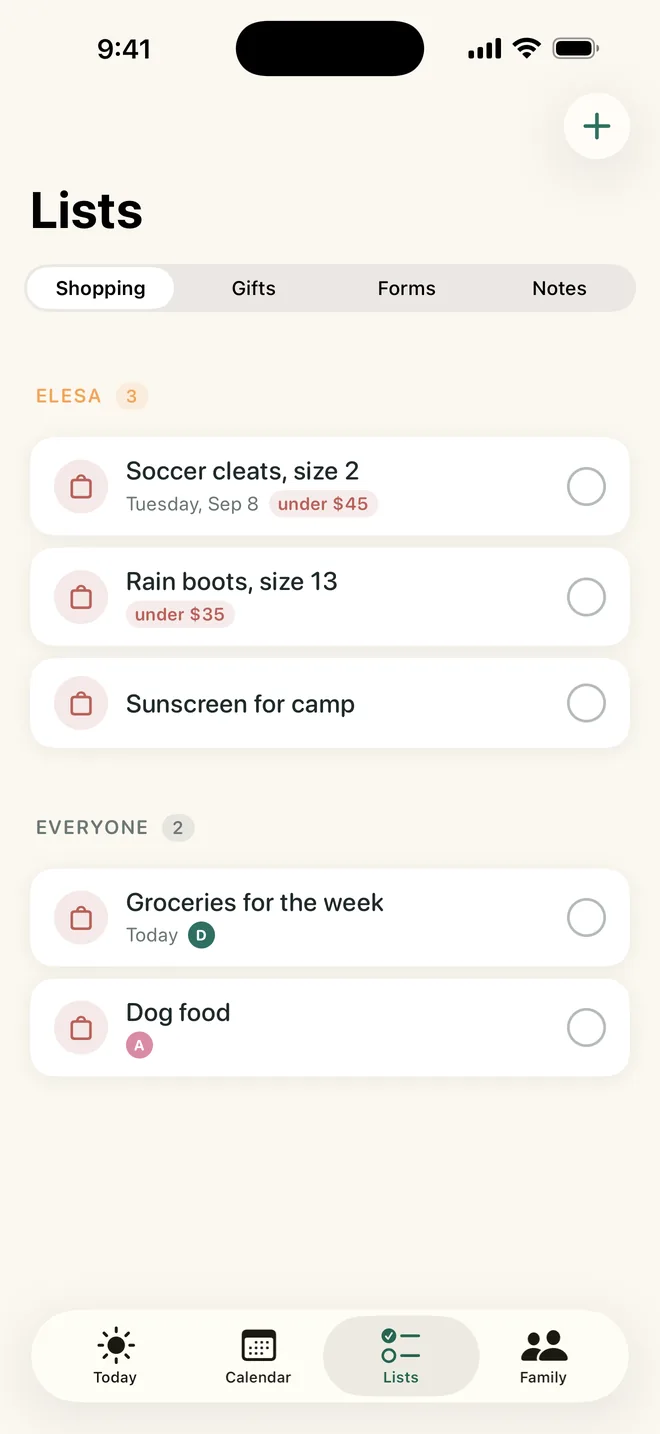 Lighten Lists tab with Shopping items grouped by child