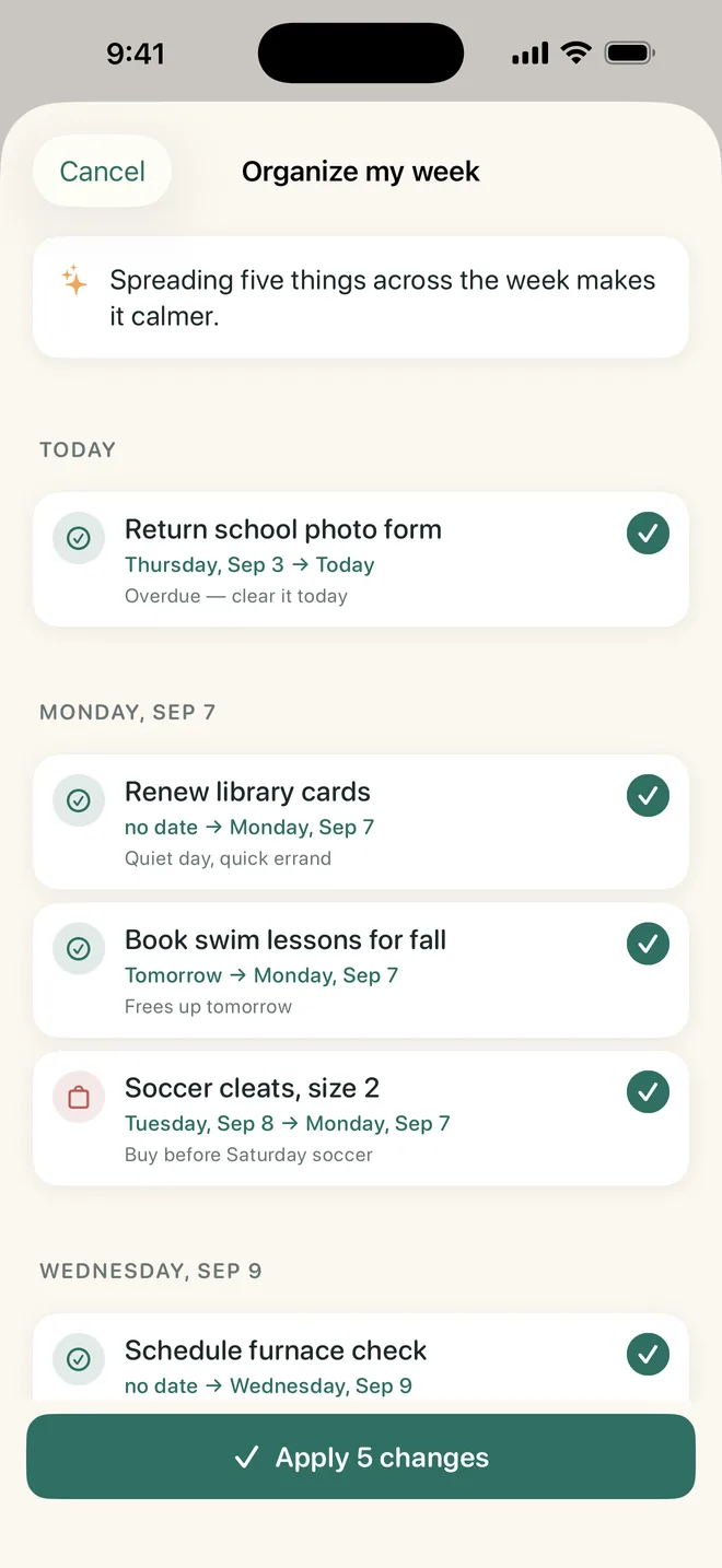 Lighten Organize my week proposal spreading five tasks across the week