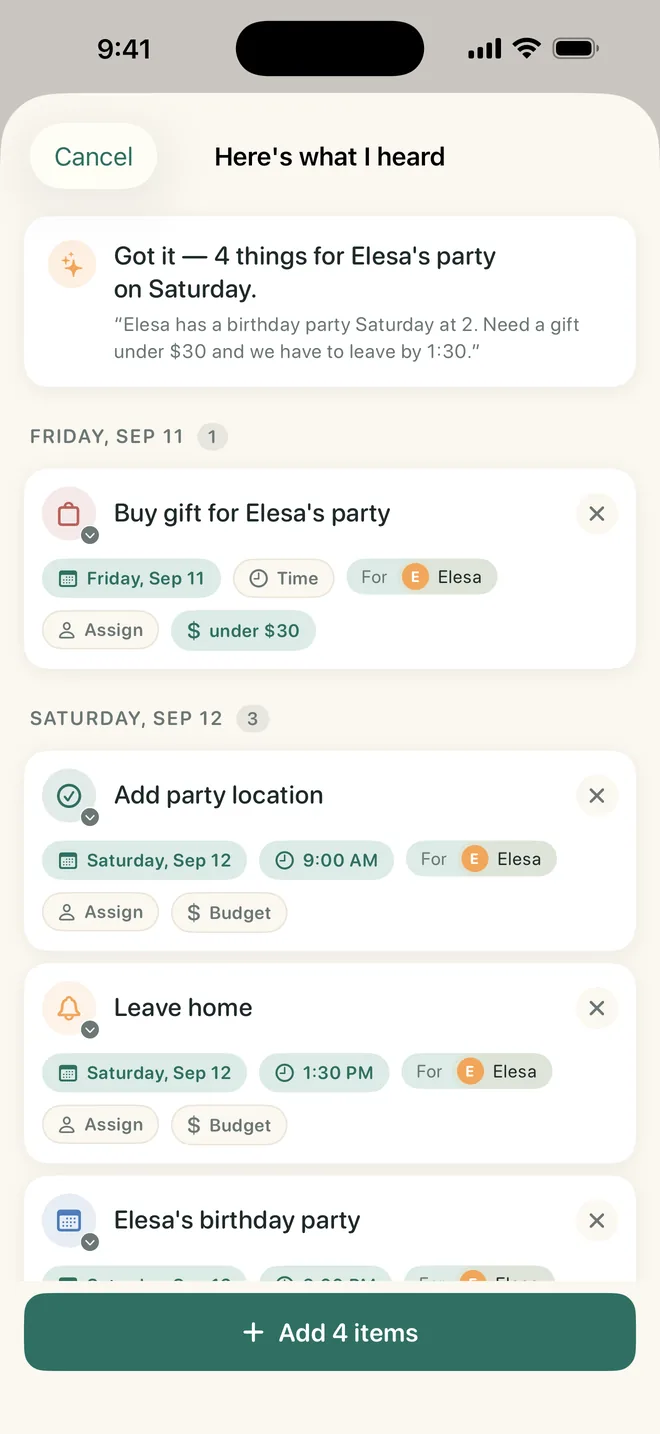 Lighten’s Here’s what I heard sheet: four items parsed from one sentence, ready to add