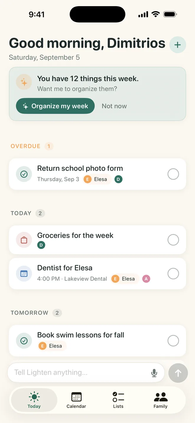 Lighten Today tab showing overdue, today and tomorrow family tasks with an Organize my week prompt